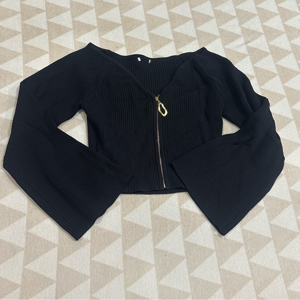 Tanya Taylor black ribbed bell sleeve cropped sweater zip up - Picture 2 of 4